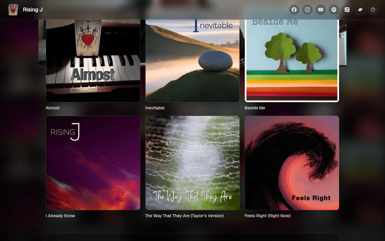 A real BoomChik artist site: Rising J's song catalog, each track with its own album art and page